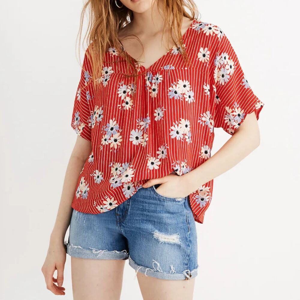 Madewell Rhyme Top Daisy Society Red Floral Stripe Print Cottagecore Boho Shirt